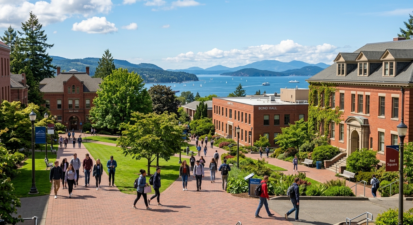 Western Washington University campus in Bellingham with red-brick academic buildings, green lawns, and views of Bellingham Bay and the San Juan Islands in the background, students walking between buildings on a sunny Pacific Northwest day