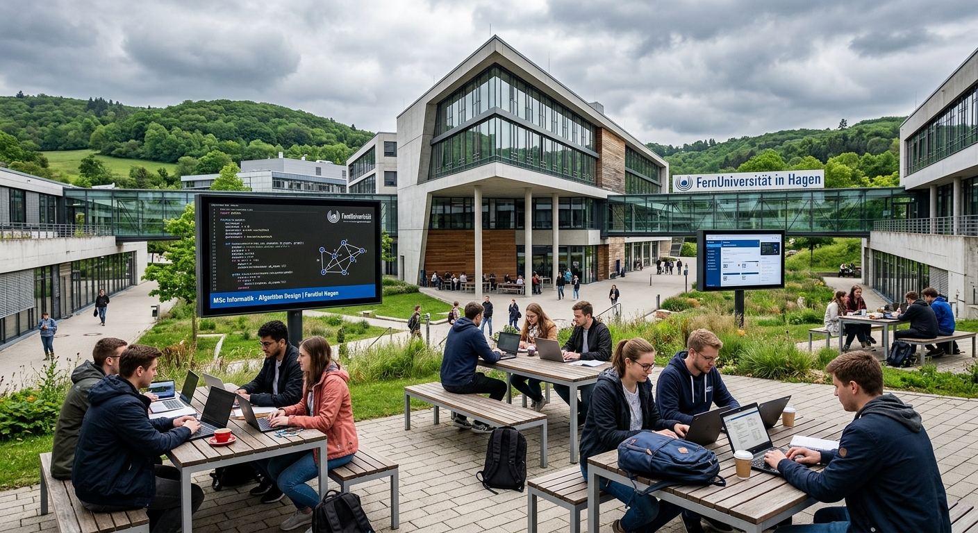 Modern distance learning university campus in Hagen, Germany, with a sleek contemporary building surrounded by green hills, students studying on laptops in an outdoor courtyard, digital screens displaying code and algorithms, overcast North Rhine-Westphalia sky
