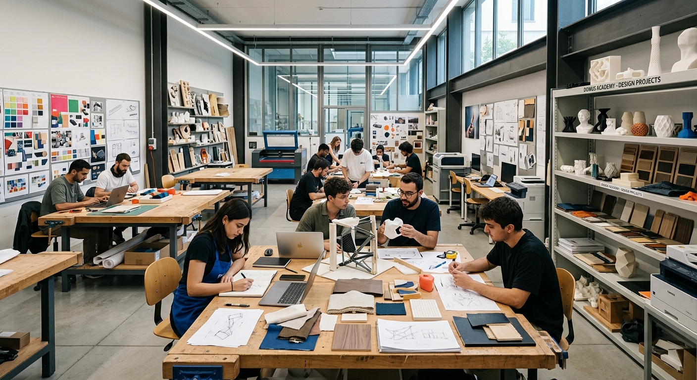 Domus Academy design workshop interior, students working on projects at large tables, modern equipment, bright studio lighting, creative materials and prototypes displayed