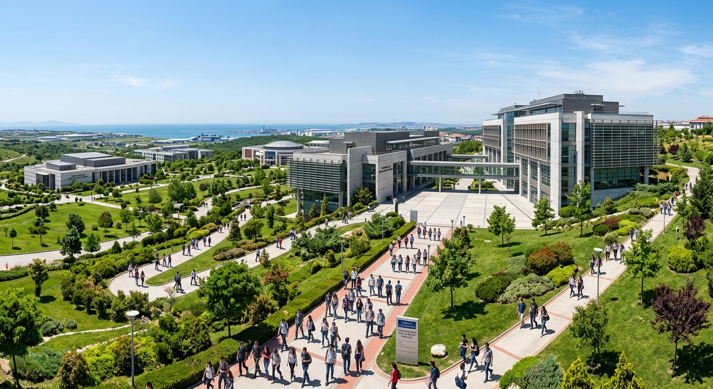 Modern Sabancı University campus in Istanbul Turkey with contemporary architecture, green landscaped grounds, students walking between engineering faculty buildings under clear blue sky, Tuzla campus panoramic view