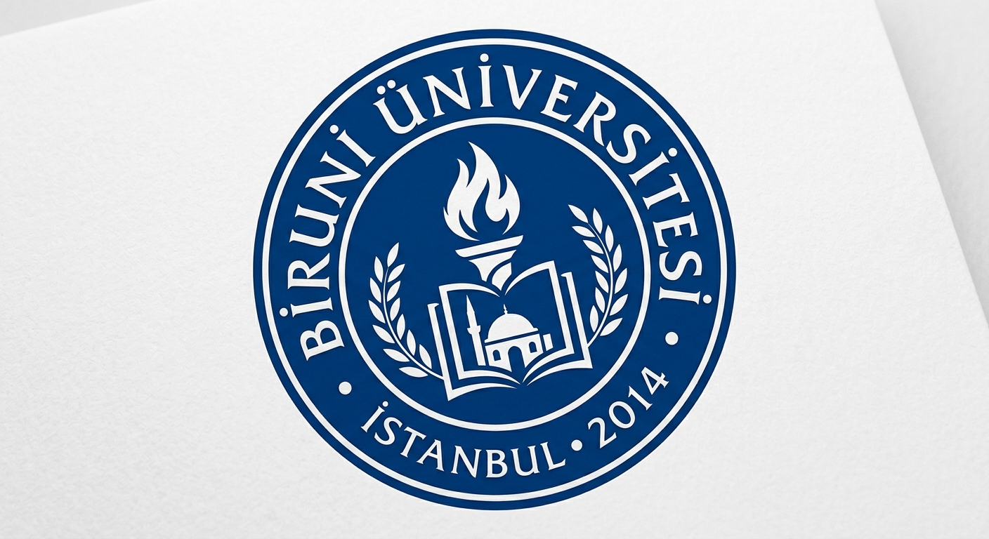 Biruni University official logo, blue and white circular emblem with stylized text reading Biruni Universitesi