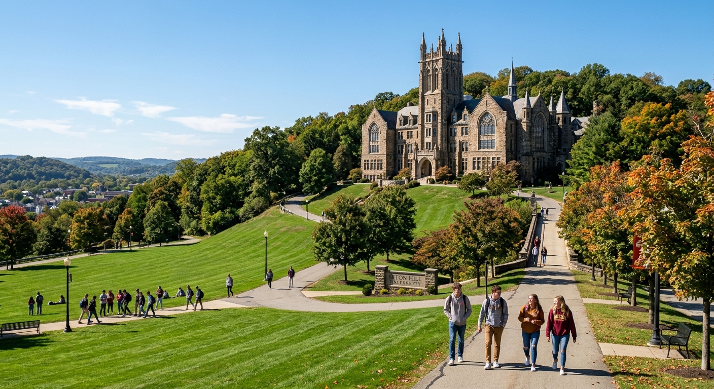 Historic Gothic-style campus buildings of Seton Hill University atop a wooded hill in Greensburg, Pennsylvania, with green lawns and students walking along tree-lined pathways under a clear sky