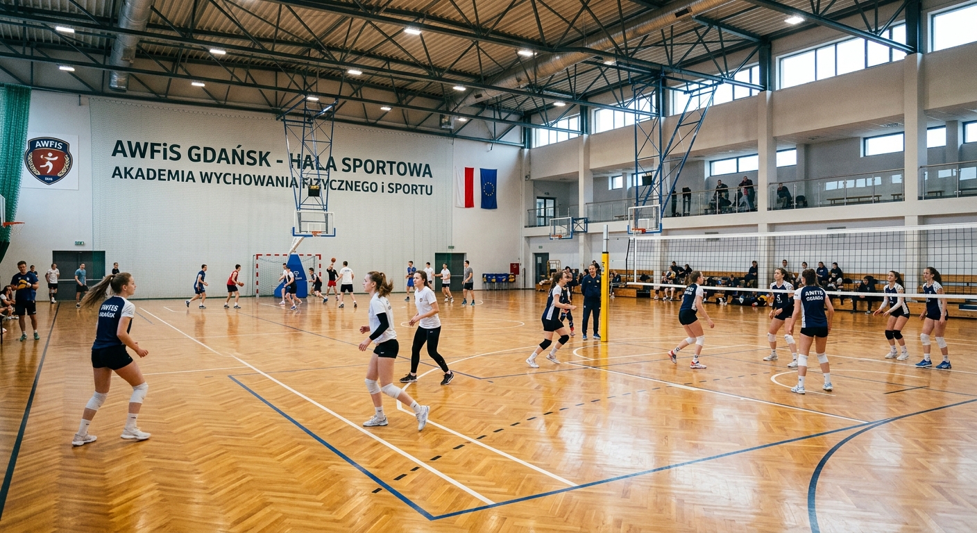 Indoor sports hall at AWFiS Gdansk with polished wooden floor, basketball hoops, volleyball nets, students training in athletic wear