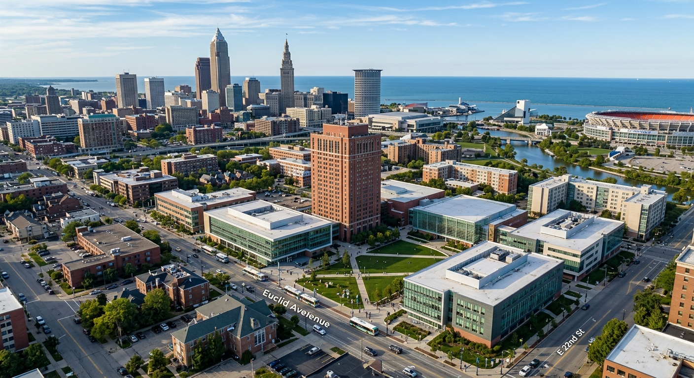 Cleveland State University campus aerial view showing Rhodes Tower and modern buildings along Euclid Avenue in downtown Cleveland, Ohio skyline with Lake Erie in the background, urban campus setting