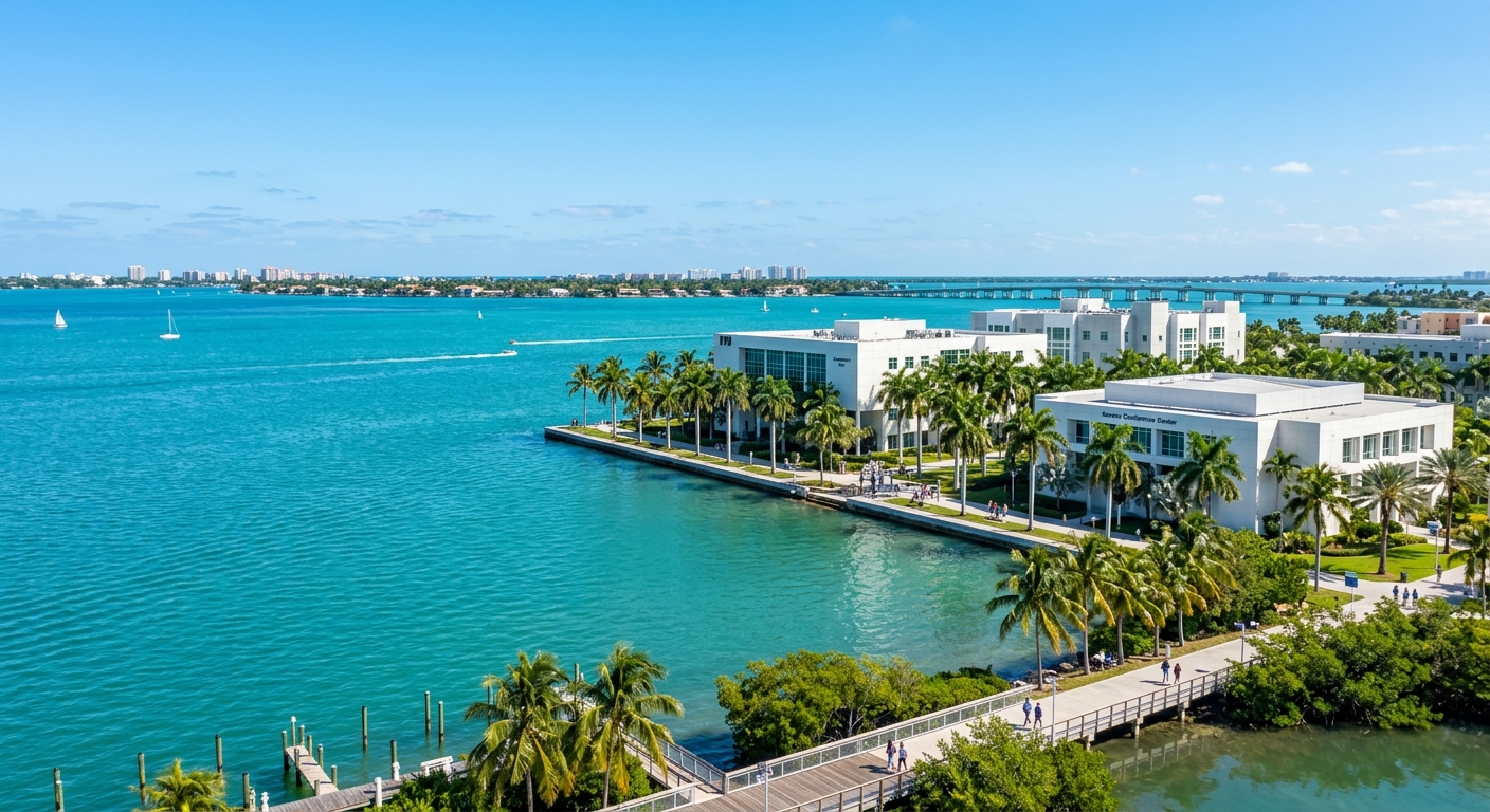 FIU Biscayne Bay Campus waterfront view, turquoise bay waters, white modern buildings, palm trees, clear blue sky