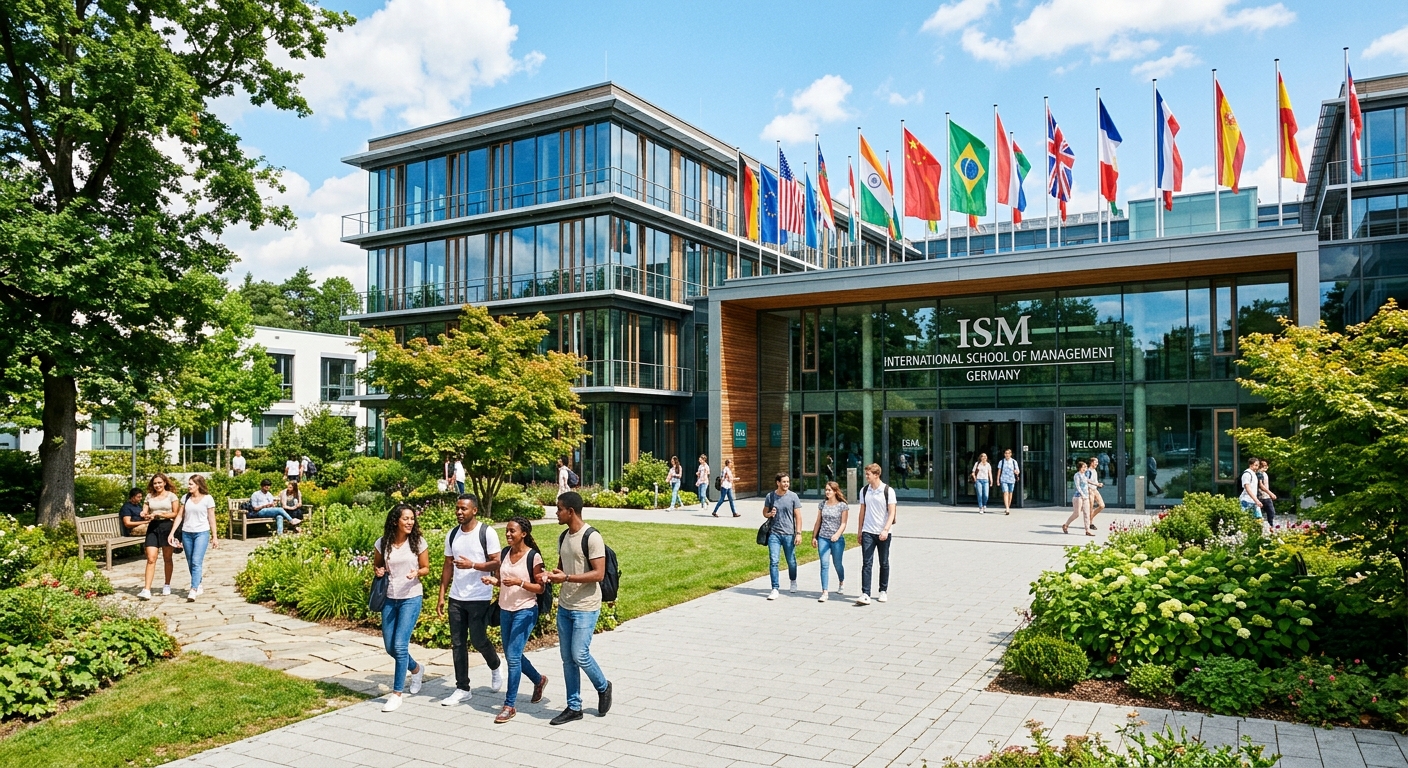 Modern campus building of the International School of Management in Germany, glass facade with international flags, students walking in groups through a landscaped courtyard, bright sunny day