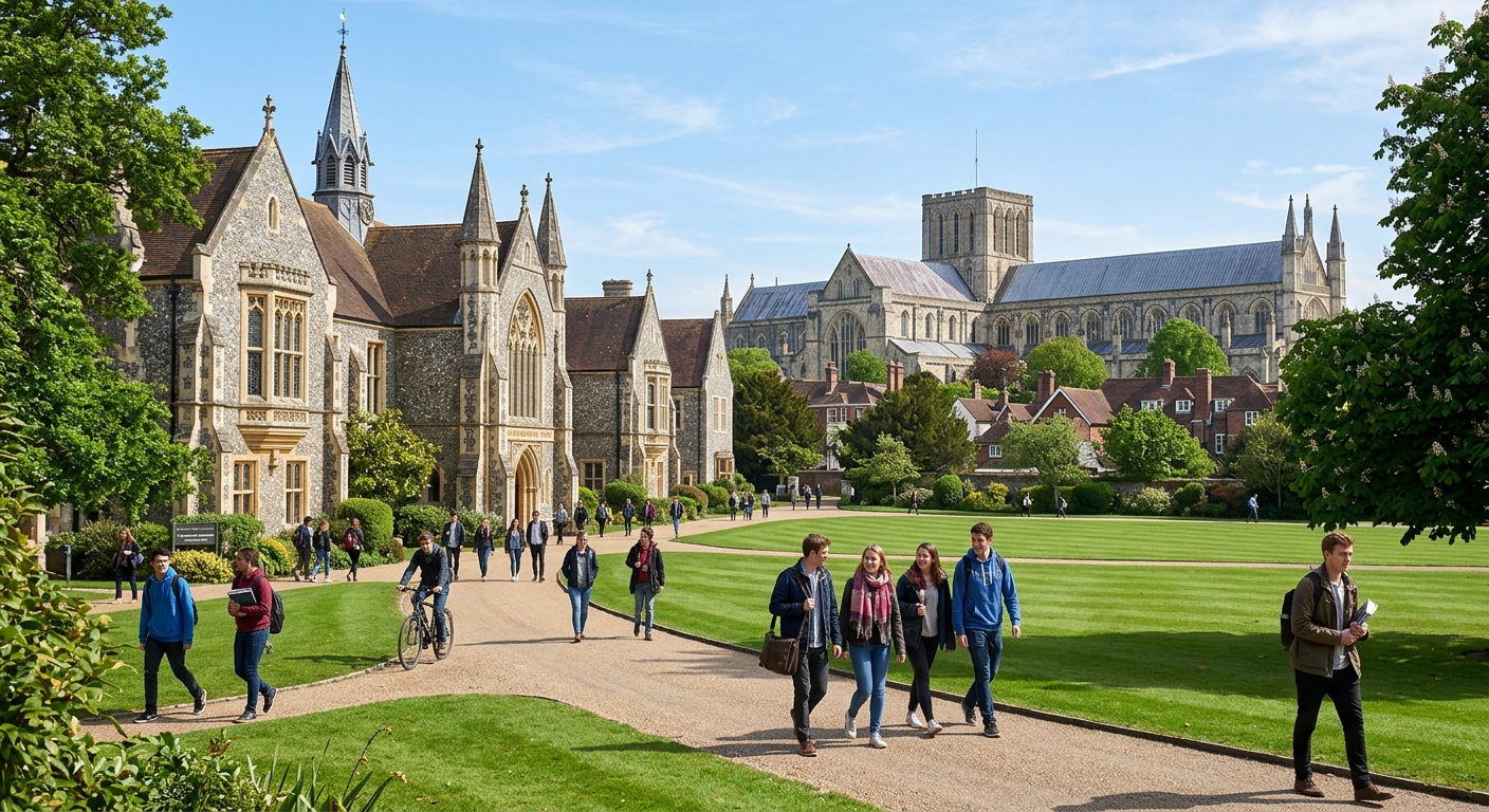 University of Winchester campus with historic buildings and green lawns, students walking through the grounds with Winchester Cathedral visible in the background, sunny day in Hampshire England