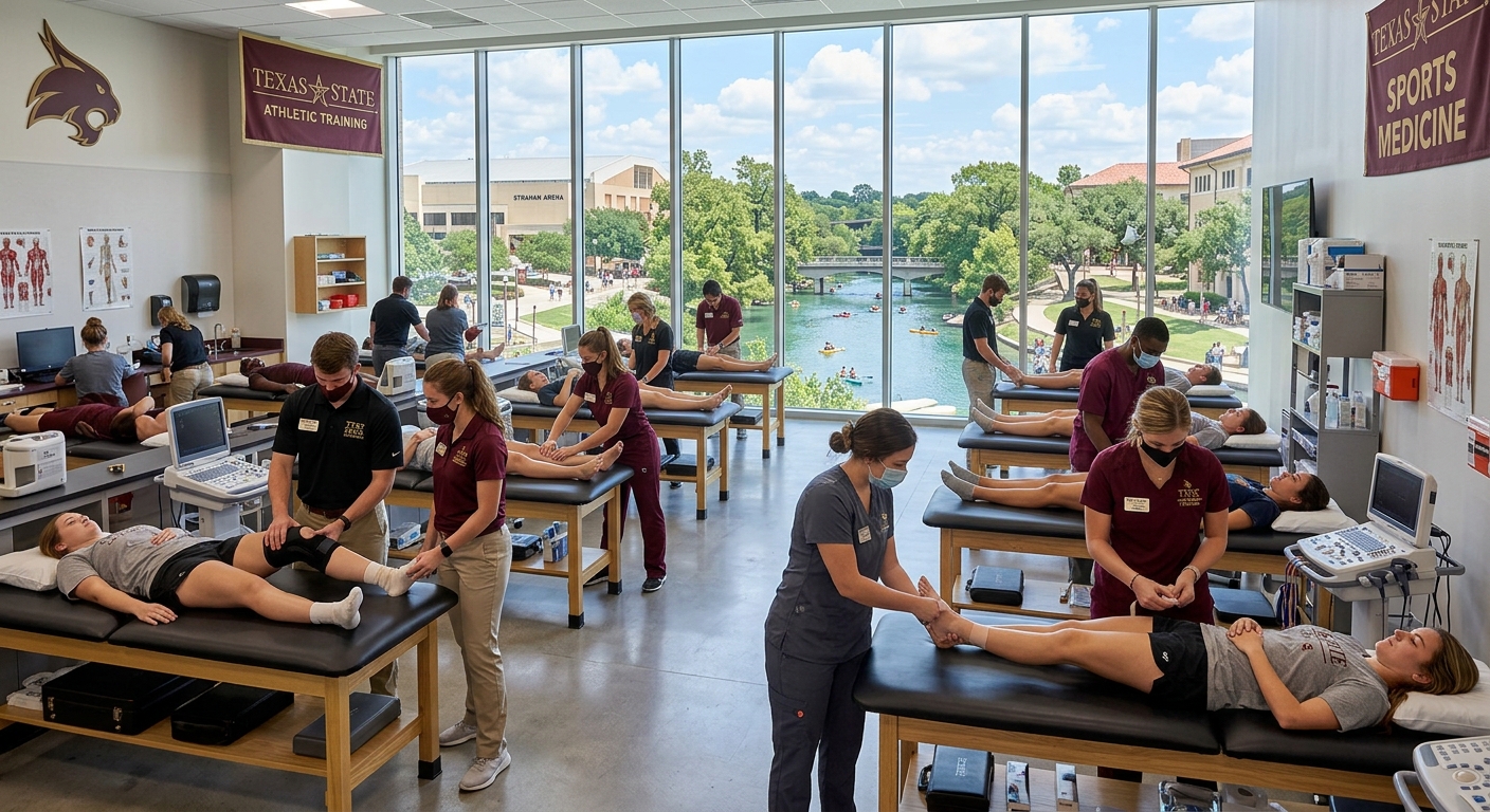 Texas State University campus in San Marcos with athletic training facility, students practicing clinical skills on treatment tables, modern sports medicine equipment, and the San Marcos River visible in the background under a bright Texas sky
