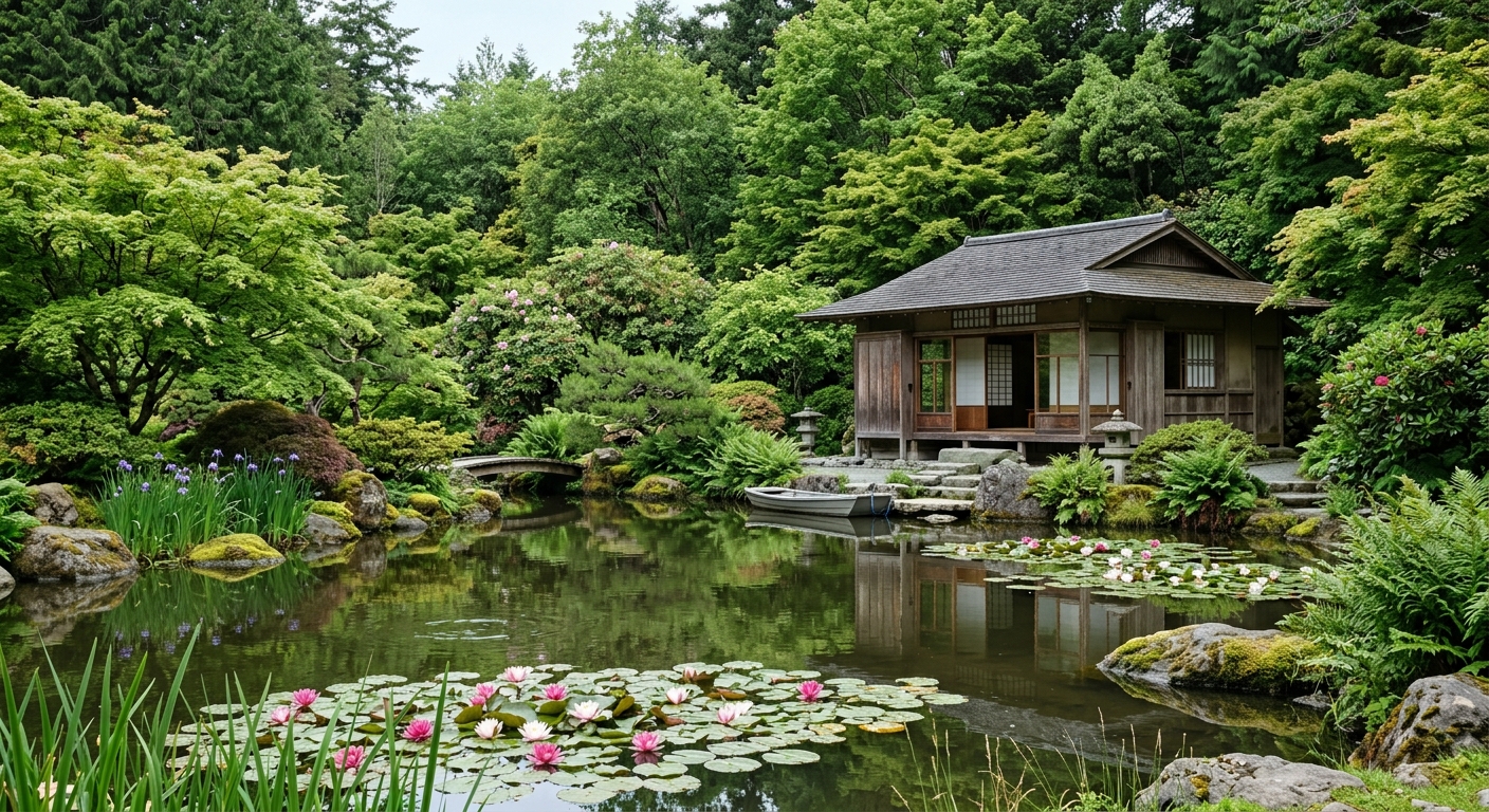 Japanese Garden at Hatley Park Royal Roads University, traditional tea house beside a tranquil pond with water lilies, surrounded by lush greenery and mature trees, soft natural lighting