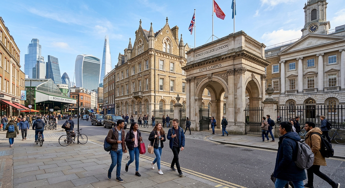 King's College London Guy's Campus exterior with historic stone architecture, students walking near Borough Market area, London skyline visible in background, sunny day with blue sky