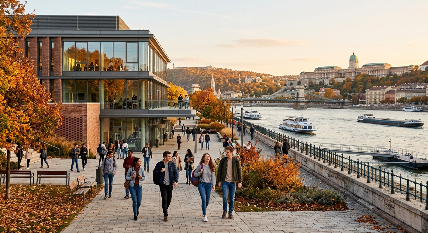 Modern college building in Budapest Hungary along the Danube River, international students walking on campus with historic Buda hills in background, autumn atmosphere with warm natural light