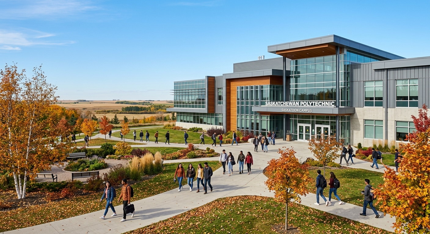 Saskatchewan Polytechnic Saskatoon campus building exterior with modern architecture, Canadian prairie landscape in background, students walking on campus pathways during autumn, clear blue sky