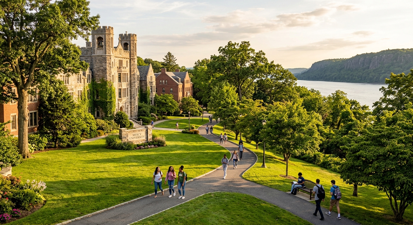 Mercy University Dobbs Ferry campus with historic buildings surrounded by lush greenery, students walking along tree-lined pathways with the Hudson River visible in the background, warm sunlight casting long shadows across the manicured lawns