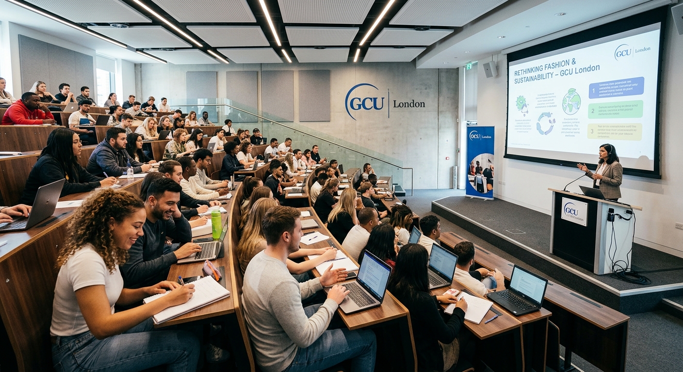 GCU London modern lecture theatre with tiered seating, large presentation screen, students engaged in a seminar, bright contemporary lighting