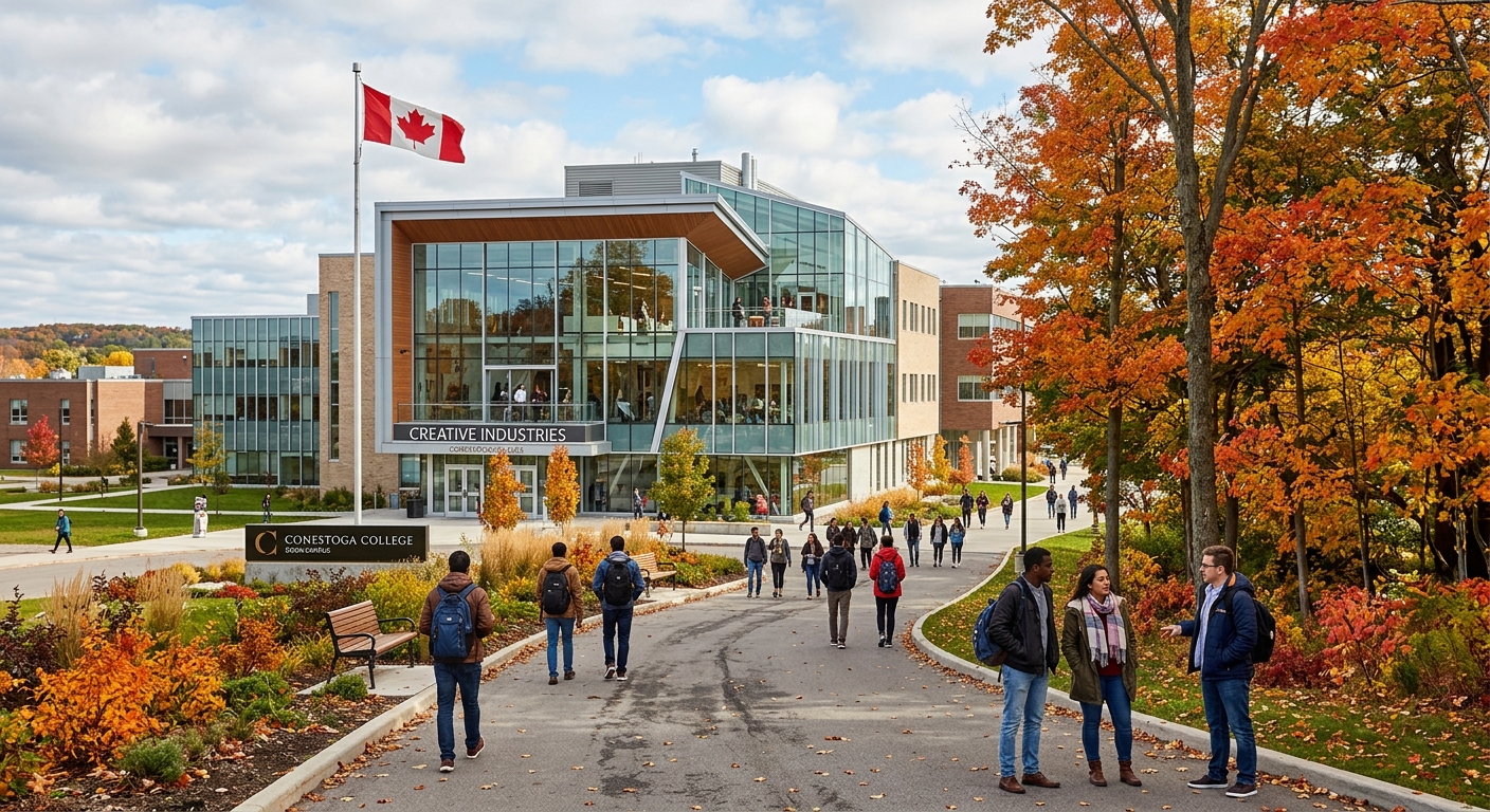 Modern Conestoga College Doon campus building in Kitchener Ontario with students walking along tree-lined pathways, glass-fronted creative industries wing, Canadian flag visible, autumn foliage