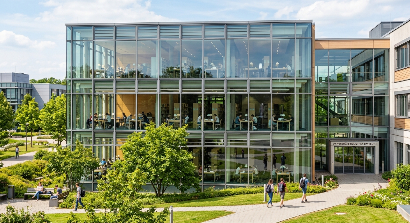 University of Bayreuth modern university library building, large glass facade, students studying inside visible through windows, landscaped surroundings