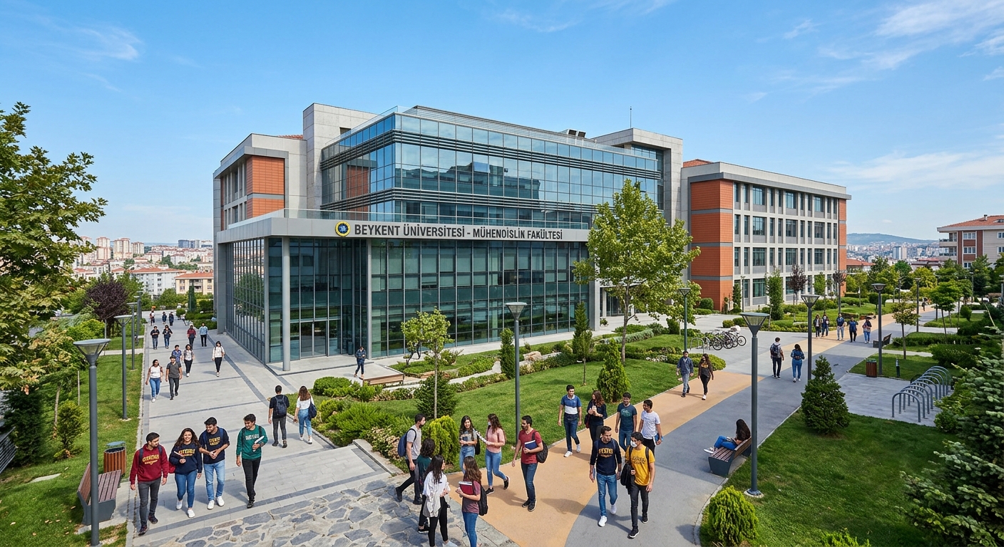 Modern engineering campus building at Beykent University in Istanbul, Turkey, with students walking among contemporary architecture, green landscaping, and a clear blue sky in the background