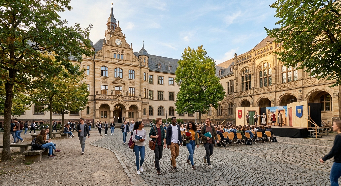 Historic Justus Liebig University Giessen campus building with students walking through courtyard, theatre performance stage visible in background, warm European afternoon light