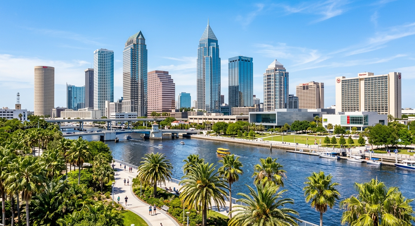 Downtown Tampa skyline with modern glass skyscrapers along the Hillsborough River waterfront, palm trees in foreground, bright Florida sunshine, 400 North Tampa building prominent in the cityscape