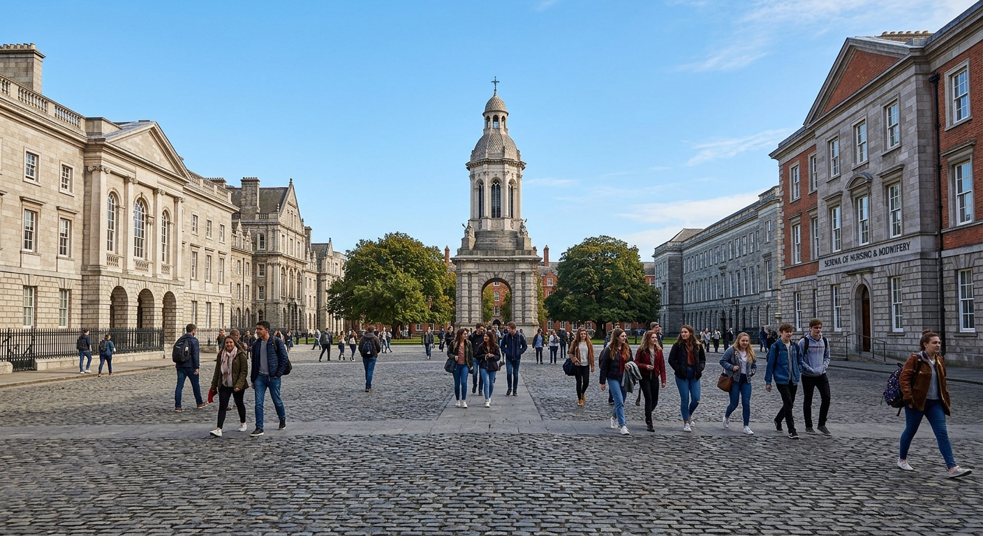 Historic Trinity College Dublin campus with cobblestone courtyard, the Campanile bell tower, and Georgian architecture under a clear sky, with students walking between the School of Nursing and Midwifery buildings