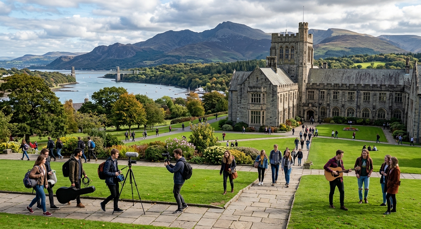 Bangor University campus with historic stone buildings nestled between Snowdonia mountains and the Menai Strait, students walking across green lawns with music and media equipment, North Wales coastal landscape in background