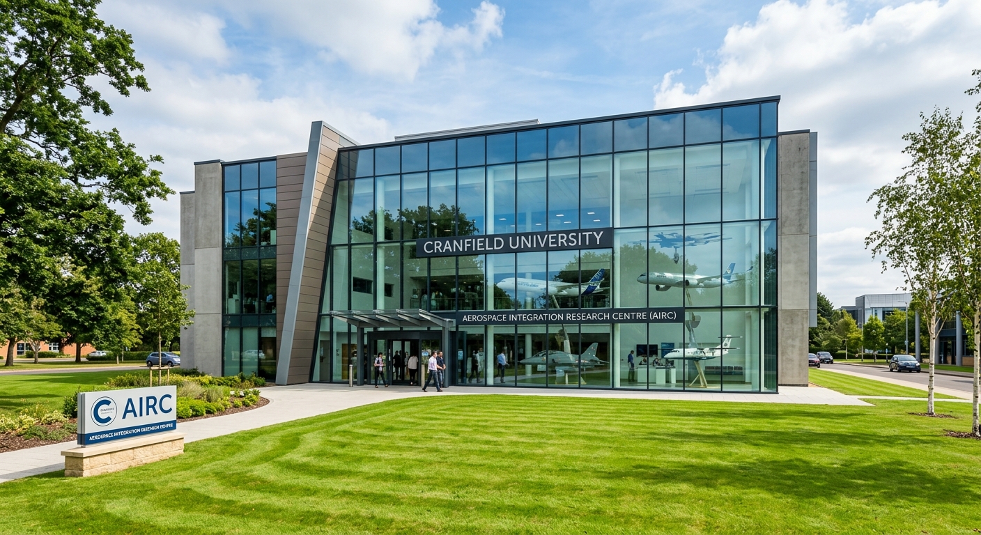 Cranfield University Aerospace Integration Research Centre modern building exterior with glass facade and aircraft models visible, green lawn foreground