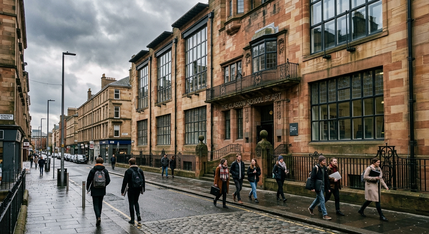 Glasgow School of Art Mackintosh building exterior with students walking along Renfrew Street, historic sandstone architecture with large studio windows, overcast Scottish sky, urban campus setting in Glasgow city centre