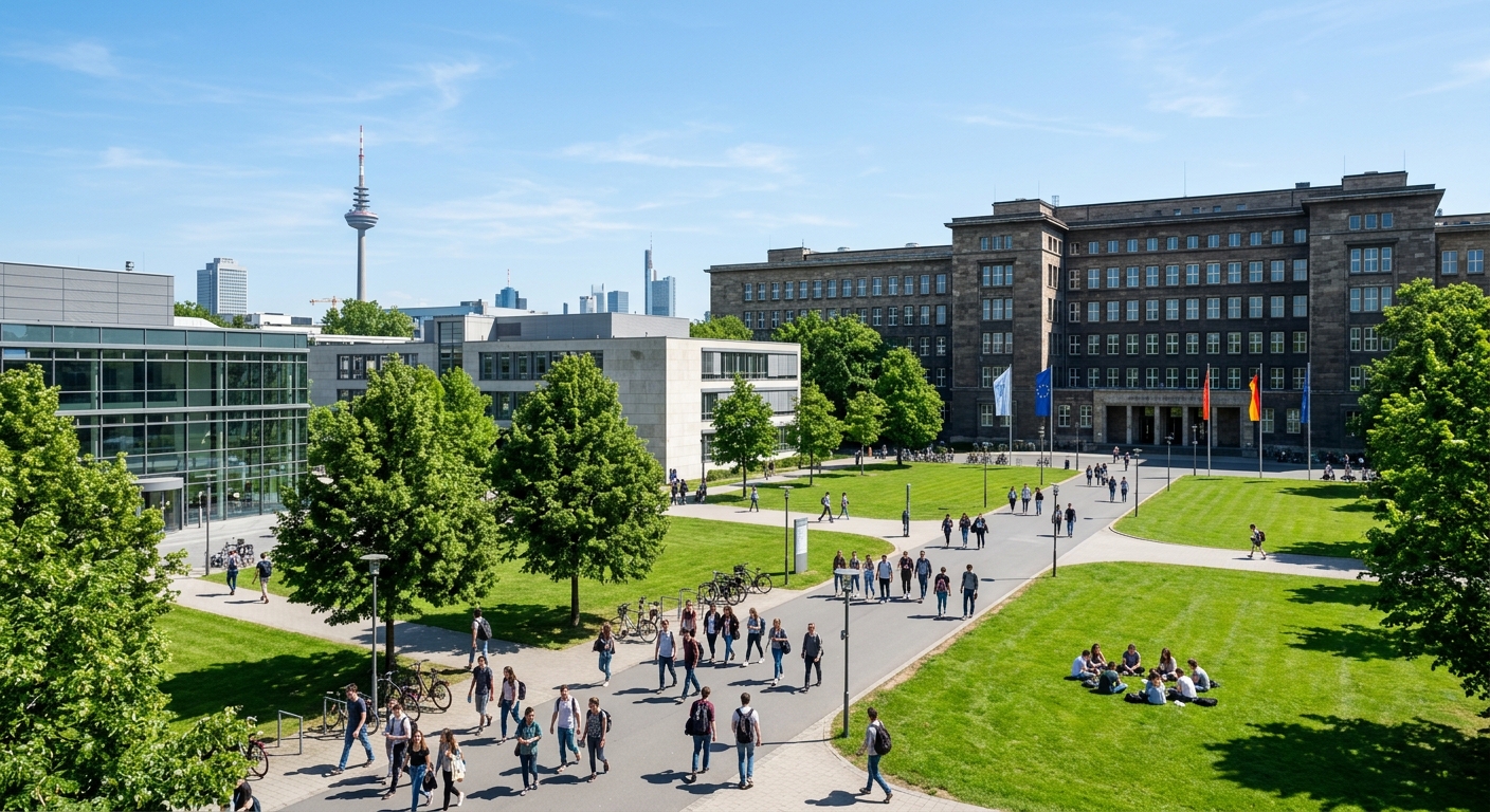 Goethe University Frankfurt Westend Campus with the iconic IG Farben building, green lawns, modern architecture, students walking between lecture halls under a clear sky in Frankfurt am Main, Germany