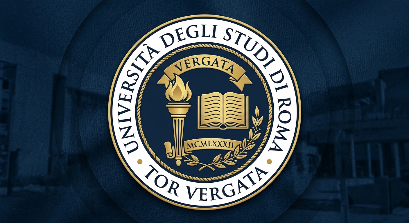 University of Rome Tor Vergata official logo, circular emblem with stylized torch and open book, dark blue and gold color scheme, text reading Universita degli Studi di Roma Tor Vergata