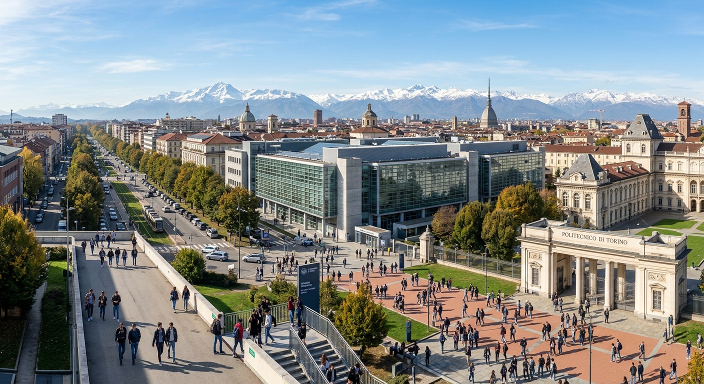 Politecnico di Torino main campus wide shot, Corso Duca degli Abruzzi, modern engineering buildings with glass facades, Turin cityscape with Alps in the background, clear blue sky, students walking on campus paths