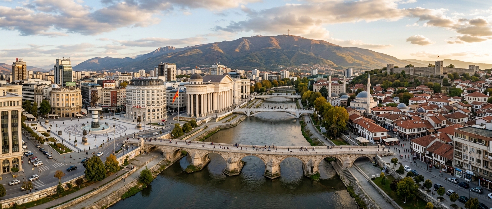 Panoramic view of Skopje city center, North Macedonia, Stone Bridge over Vardar River, mix of classical and modern architecture, mountains in background, warm afternoon light