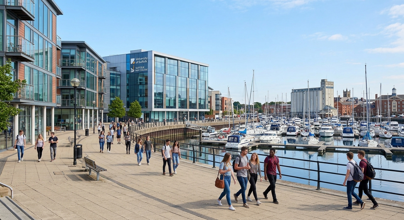 University of Suffolk waterfront campus in Ipswich with modern glass buildings overlooking the marina, students walking along the promenade, clear sky with soft natural light