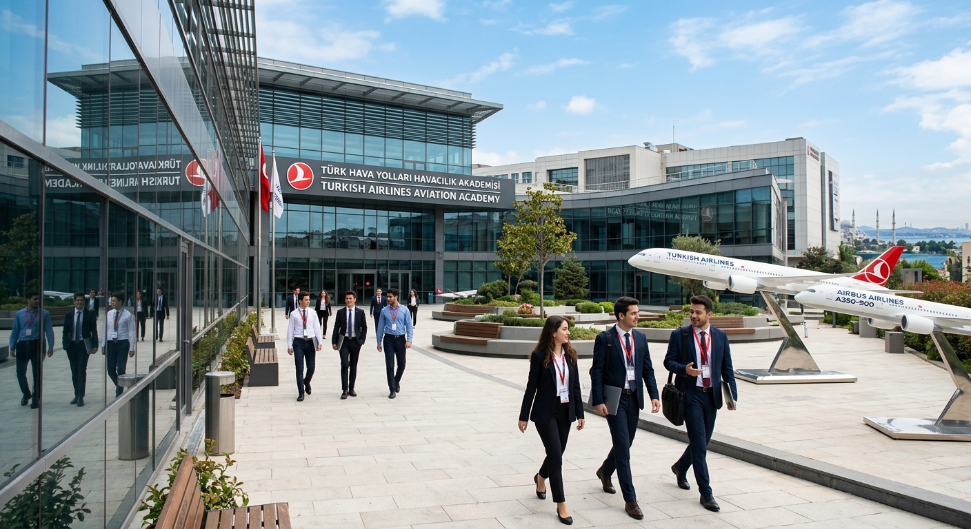 Modern aviation academy building in Istanbul with aircraft models on display, students in business attire walking through a bright campus courtyard, Turkish Airlines Aviation Academy signage visible, contemporary glass architecture with blue sky background