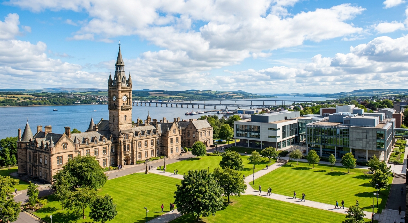 University of Dundee campus with historic stone buildings overlooking the River Tay, green lawns and modern academic facilities under a bright Scottish sky