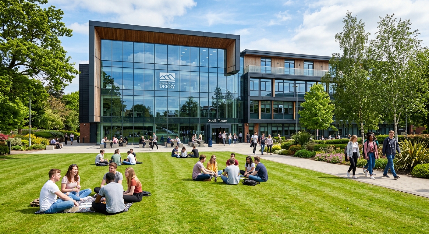 University of Derby Kedleston Road campus main building, modern architecture with glass facades, landscaped grounds, students socialising on green lawns