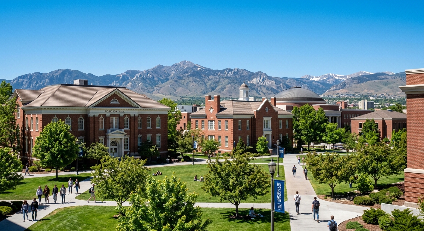 University of Nevada Reno campus with historic brick buildings and green quad, Sierra Nevada mountains visible in the background, clear blue sky over Reno Nevada