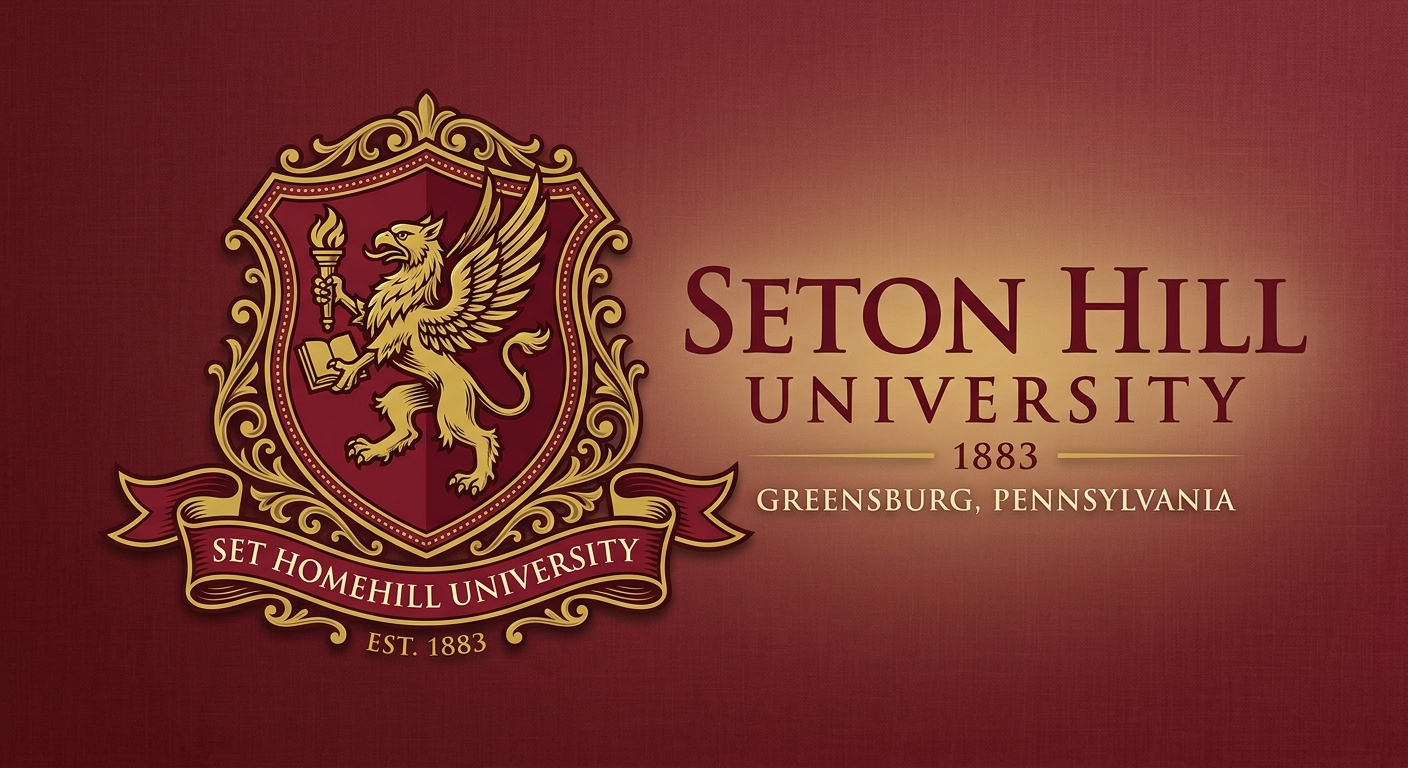 Seton Hill University official logo, shield crest with griffin emblem, university name in serif font, maroon and gold colors