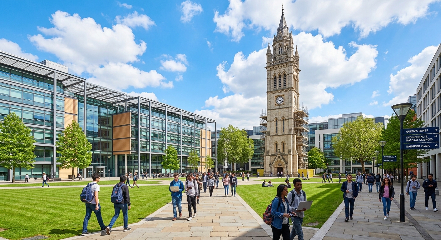 Imperial College London South Kensington campus with the iconic Queen's Tower, modern engineering buildings, and students walking through the courtyard on a bright day with blue sky
