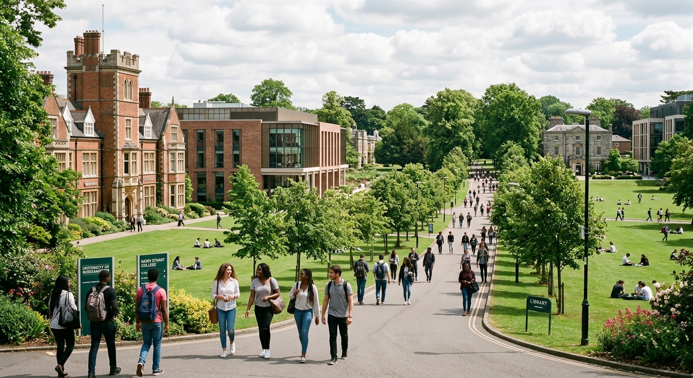 University of Roehampton campus in southwest London, historic parkland setting with modern academic buildings, students walking along tree-lined paths, green lawns and collegiate architecture under a partly cloudy sky