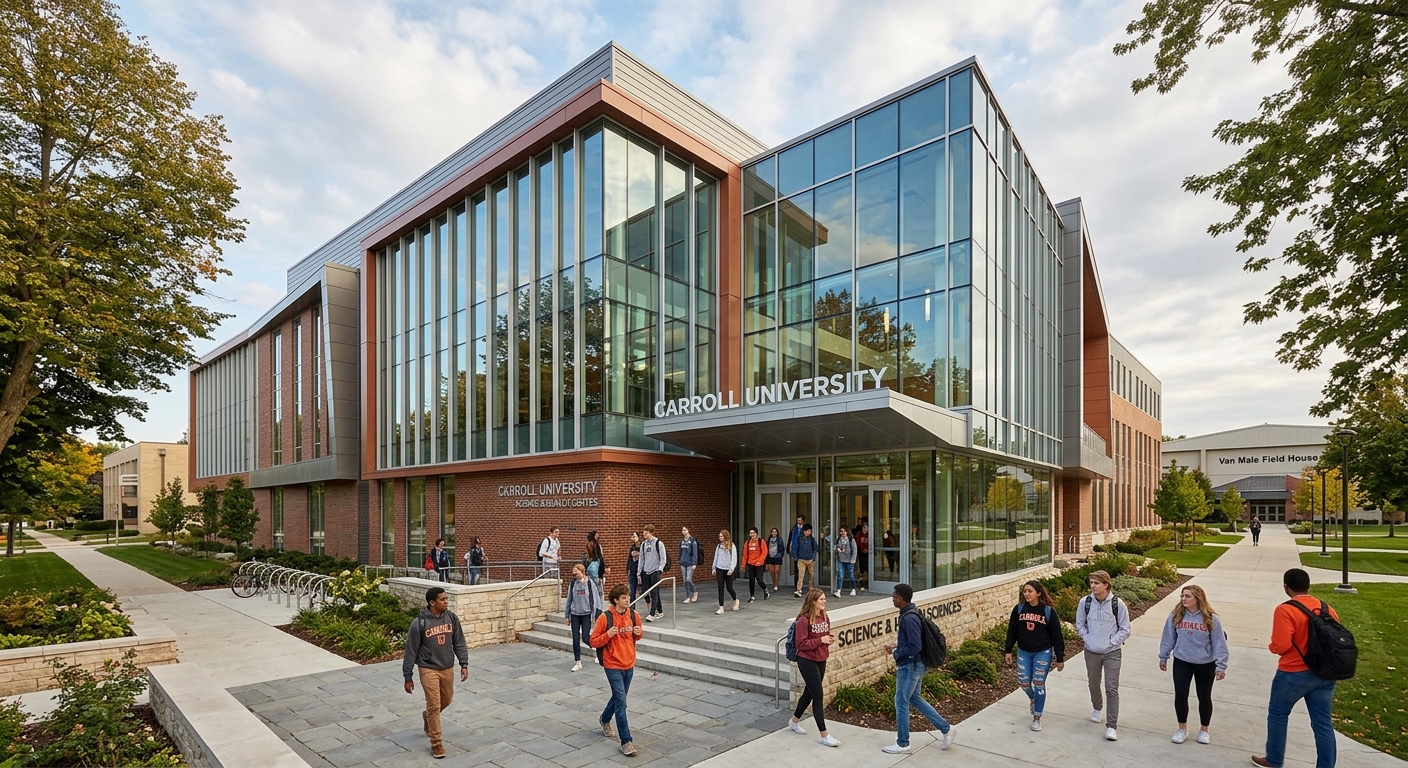 Carroll University modern science and health sciences building with large glass windows, contemporary architecture, students entering the building