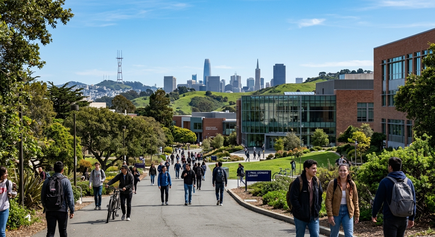 San Francisco State University campus with green hills and modern academic buildings, students walking along tree-lined pathways with the San Francisco skyline visible in the background, clear blue sky