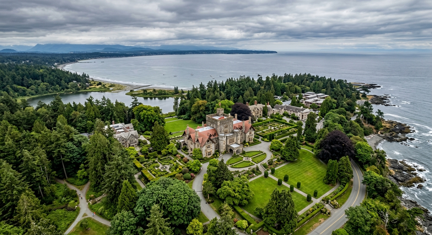 Aerial view of Royal Roads University campus at Hatley Park National Historic Site on Vancouver Island, showing Hatley Castle surrounded by lush green gardens, Pacific Ocean coastline in the background, overcast sky typical of British Columbia