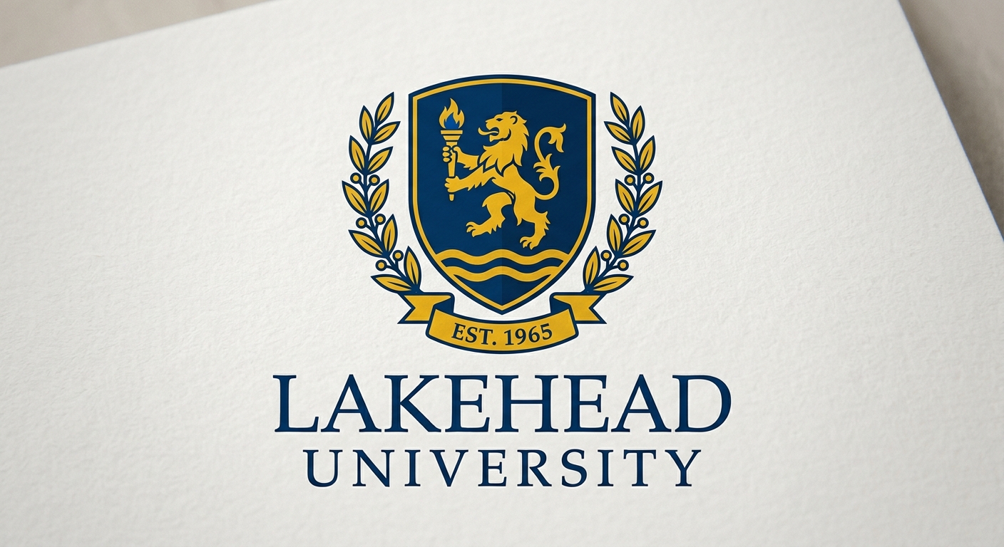Lakehead University official logo featuring blue and gold shield crest with university name in serif font