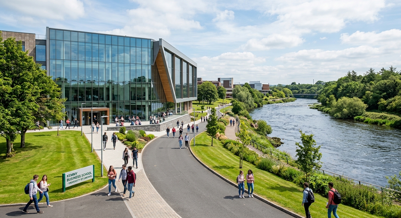 University of Limerick campus along the River Shannon, modern Kemmy Business School building with glass facade, green lawns, students walking on pathways, bright Irish sky