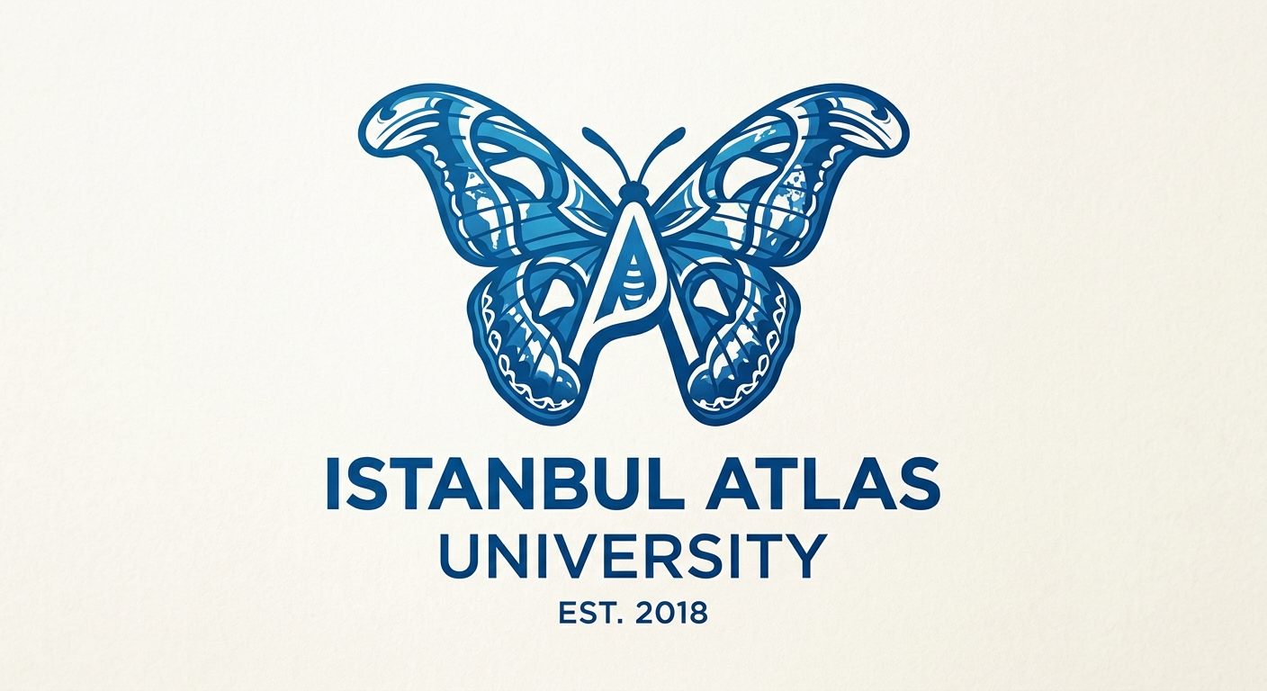 Istanbul Atlas University official logo, stylized atlas butterfly emblem in blue and white, university name in modern sans-serif typeface