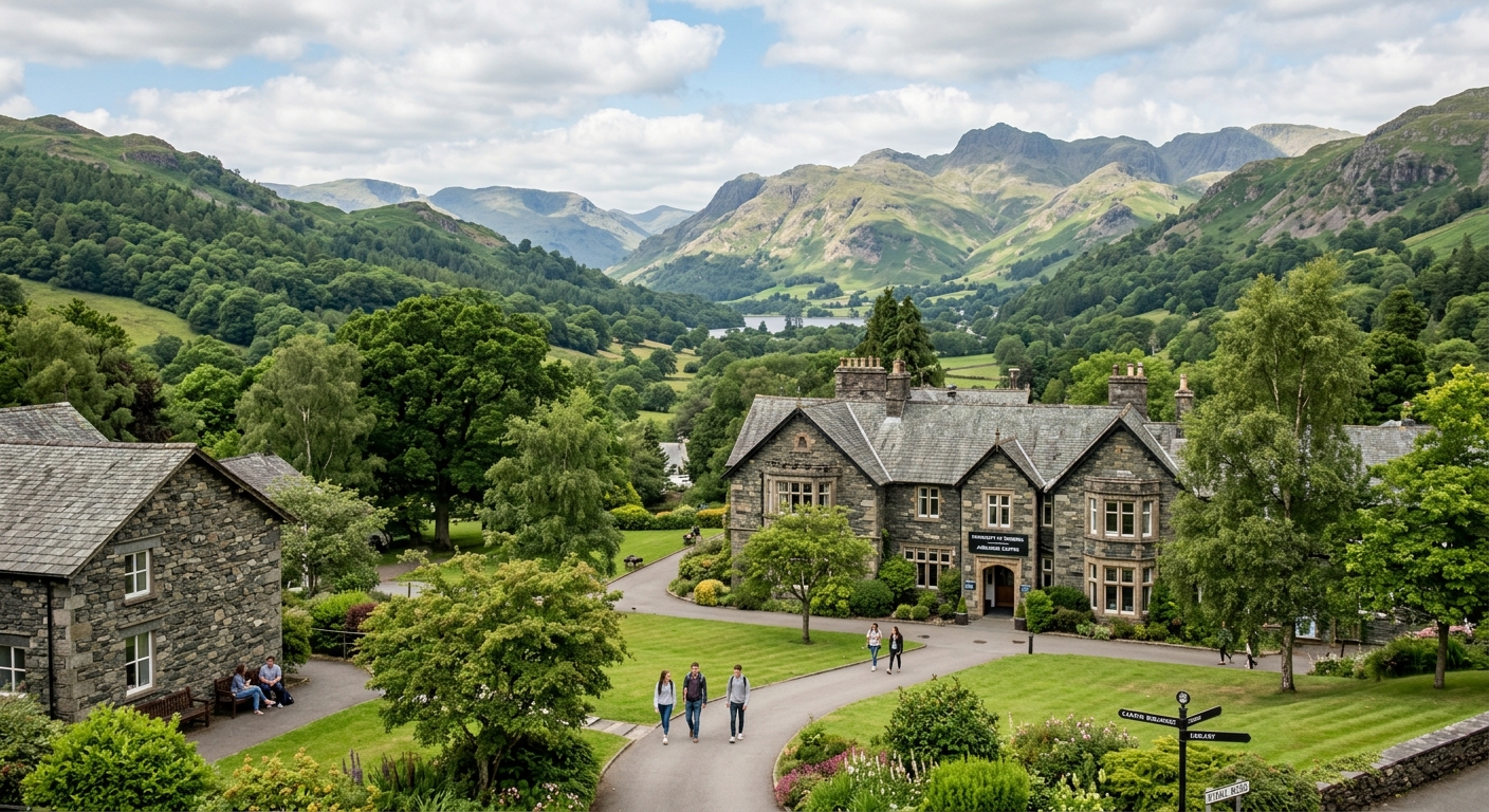 University of Cumbria Ambleside campus, Lake District setting, green hills and trees, traditional stone buildings, mountain backdrop, peaceful academic environment