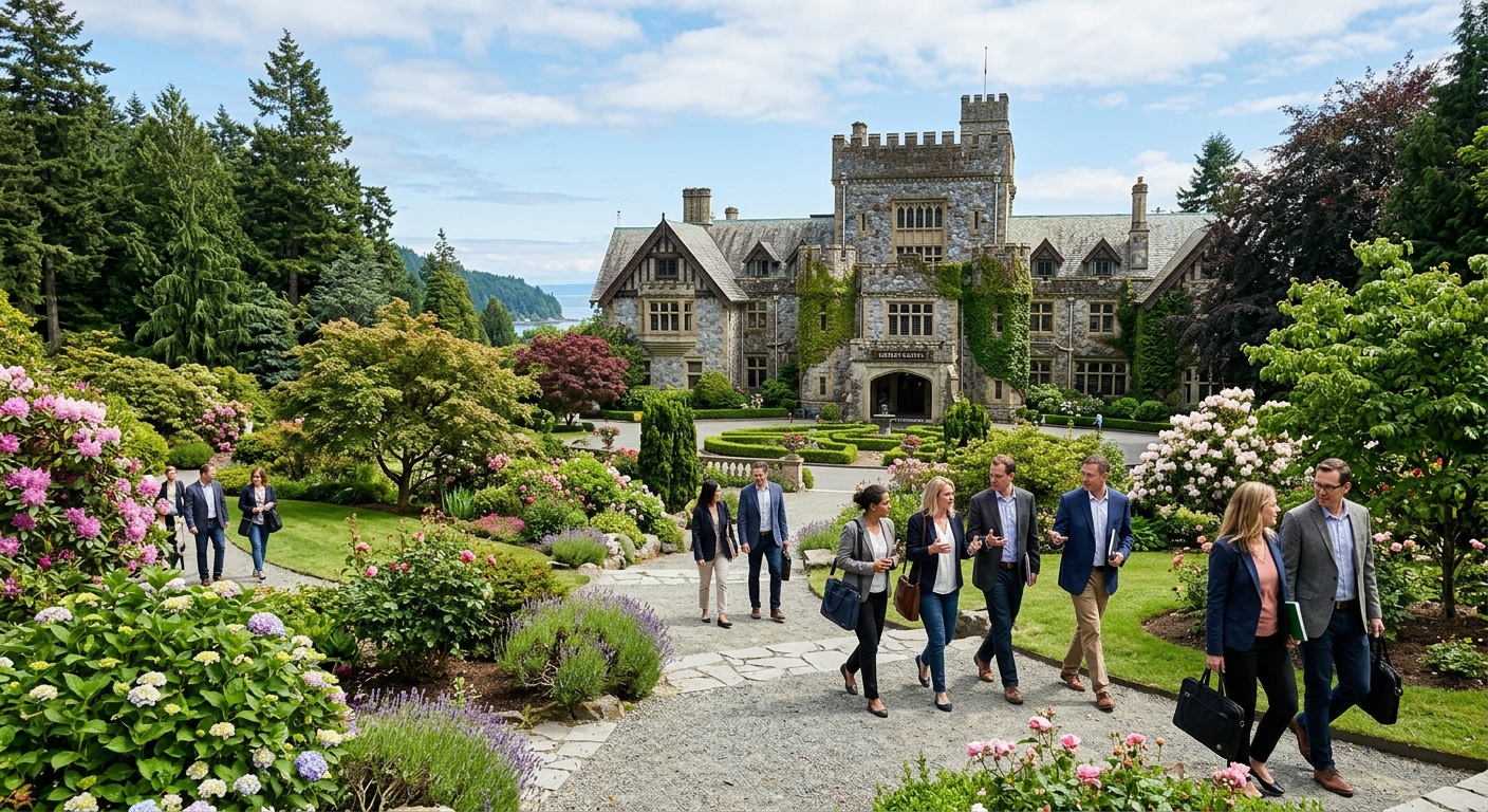 Historic Hatley Castle at Royal Roads University campus surrounded by lush green gardens and Pacific Northwest forests, with professional adult learners walking along pathways, Victoria British Columbia Canada