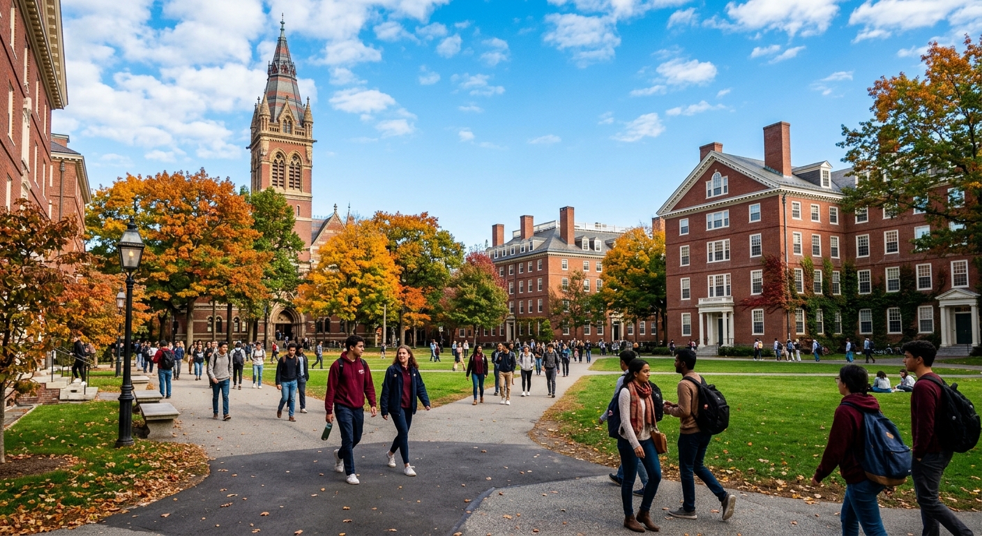Harvard University campus in Cambridge Massachusetts, red brick buildings with white trim, green lawns, students walking along tree-lined paths, iconic Memorial Hall tower visible in background, bright autumn day with blue sky