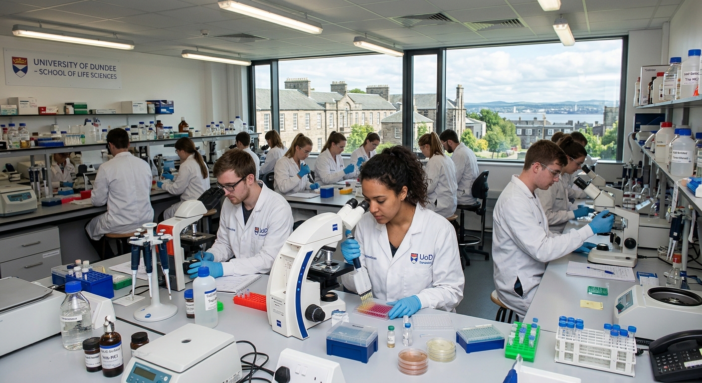 Modern biomedical sciences laboratory at University of Dundee, students in white lab coats using microscopes and pipettes, bright fluorescent lighting, research equipment and specimens on benches, Scottish university campus visible through windows