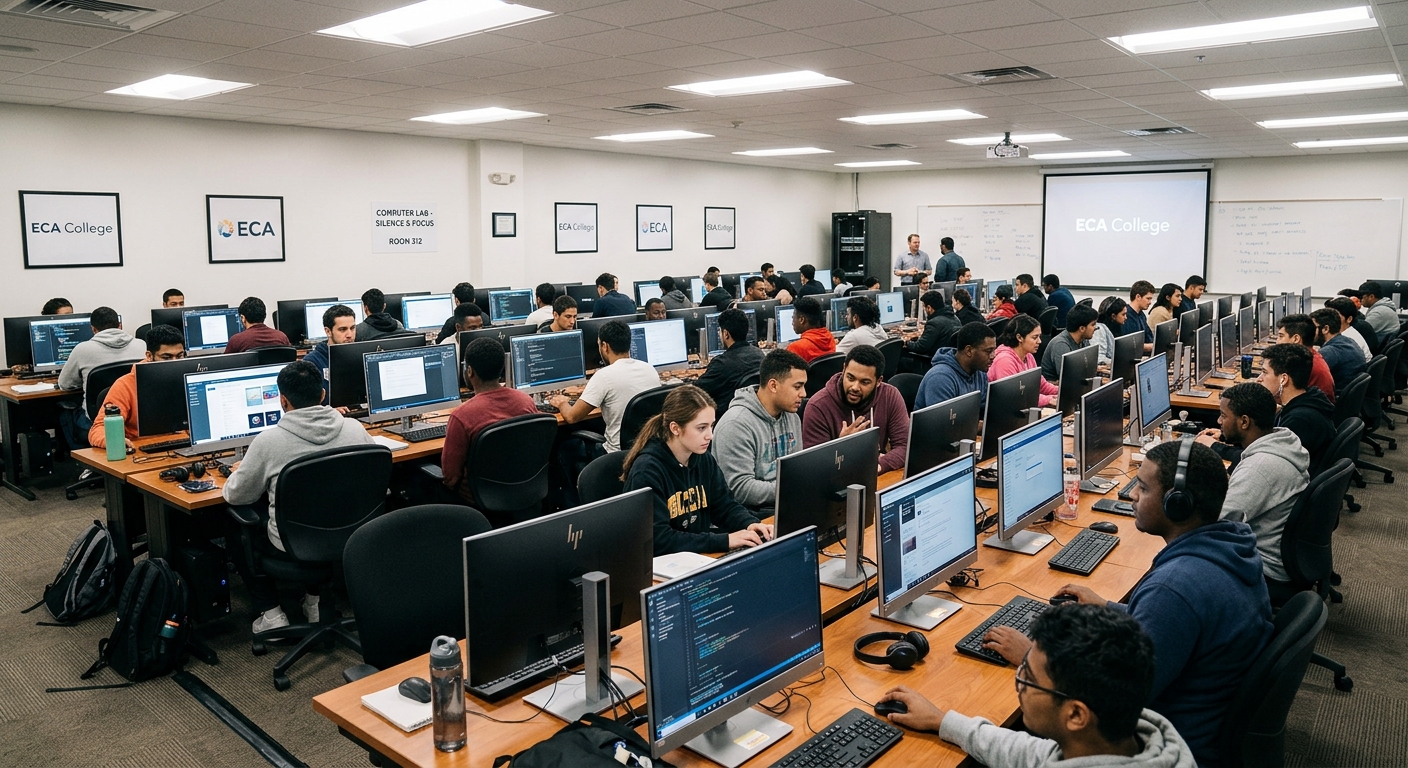 ECA College computer lab with rows of desktop computers, students working on assignments, bright fluorescent lighting, contemporary technology setup